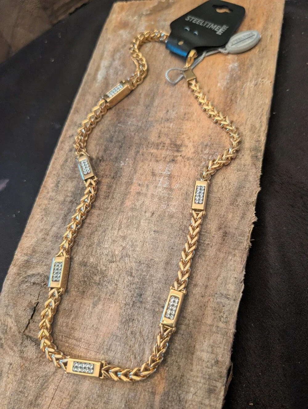 STEELTIMEMen's 18k Gold Plated Stainless Steel Wheat Chain and Simulated Diamond